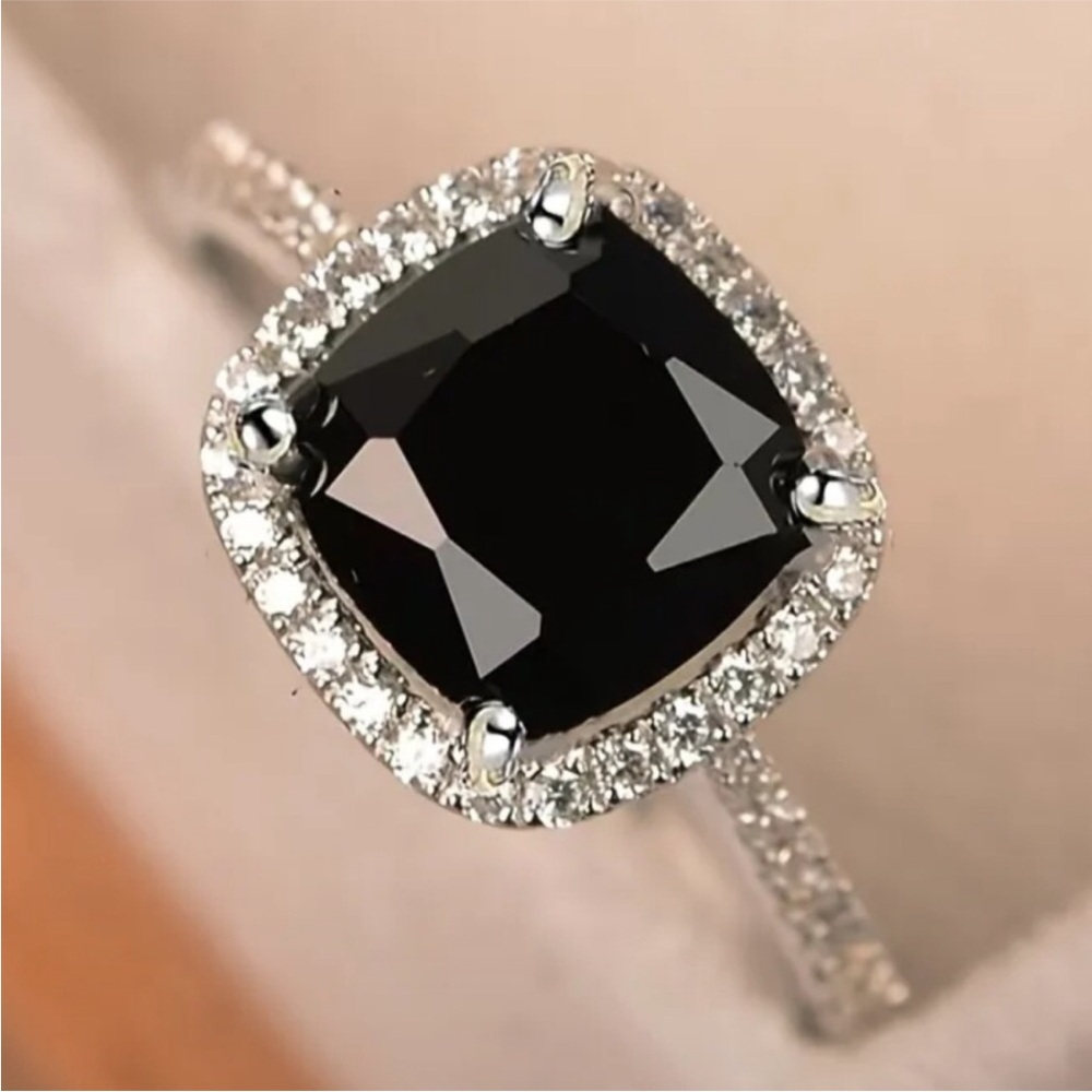 Black Cushion Halo Solitaire Ring with Pavé Band